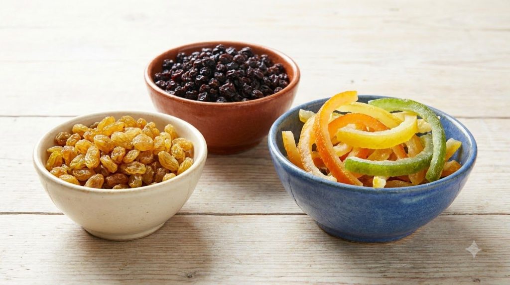 Various dried fruits like raisins currants and candied peel in separate small bowls ready for baking