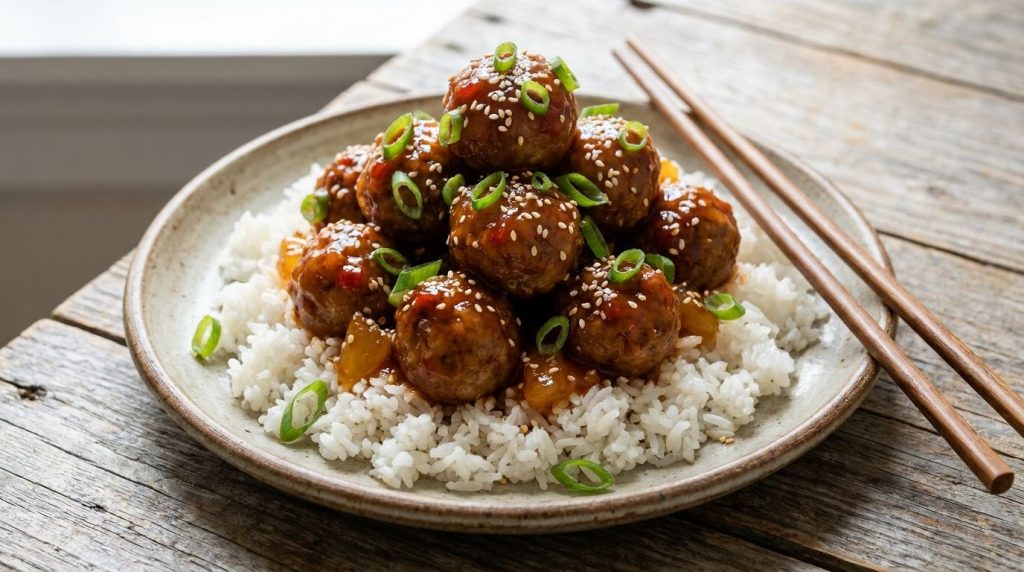 A serving of spicy Hawaiian meatballs over a bed of fluffy white rice garnished with green onions and sesame seeds The p