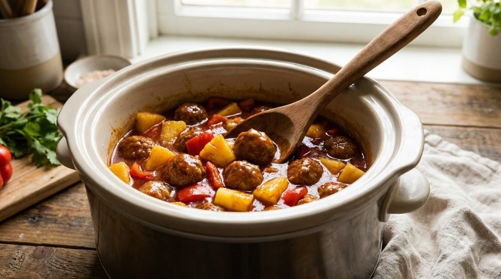 A slow cooker filled with bubbling spicy Hawaiian meatballs with pineapple chunks and red bell pepper visible in the glo