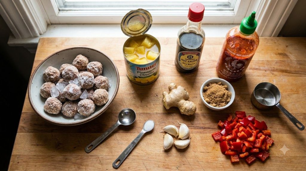 Arrangement of all ingredients needed for spicy Hawaiian meatballs including a bowl of frozen meatballs a can of pineapp