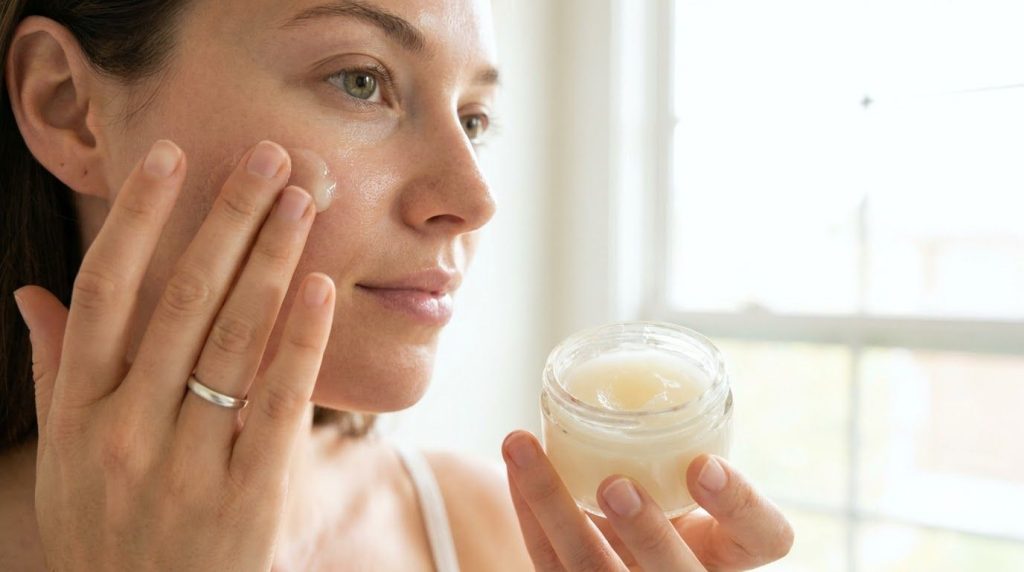 A woman s hand gently applying the Vaseline brightening gel to her cheek showing a smooth hydrated appearance The focus 