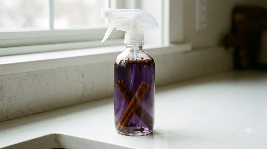 Una botella pulverizadora transparente llena con un líquido morado palitos de canela y clavos de olor lista para usar