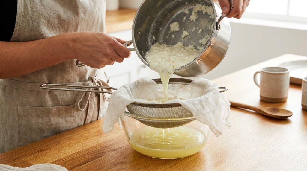 Curdled milk mixture being poured into a cheesecloth-lined sieve over a bowl