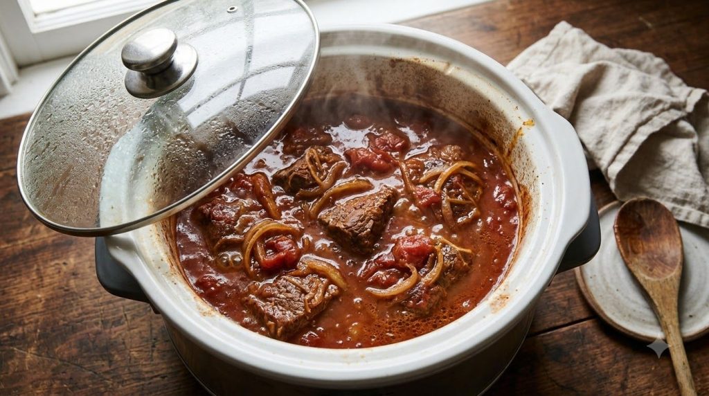 A slow cooker filled with tender Swiss steak simmering in a rich tomato sauce