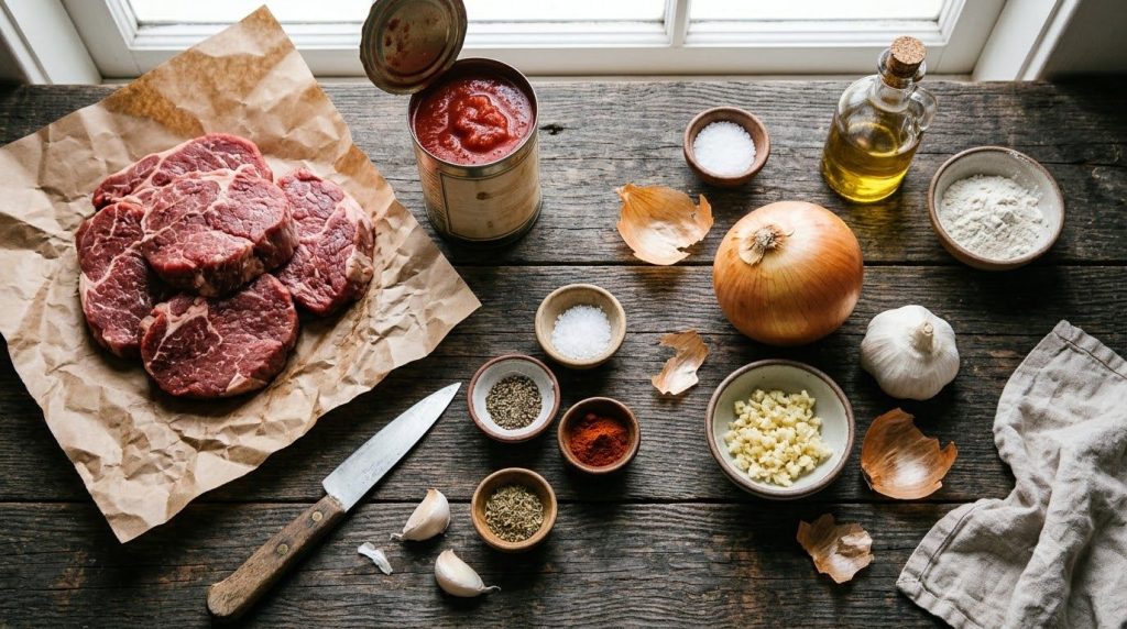 All ingredients for slow cooker Swiss steak laid out on a kitchen counter beef canned tomatoes onion spices