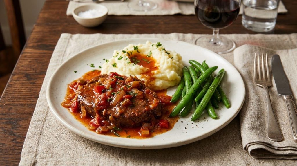 A perfectly plated dinner of slow cooker Swiss steak mashed potatoes and green beans