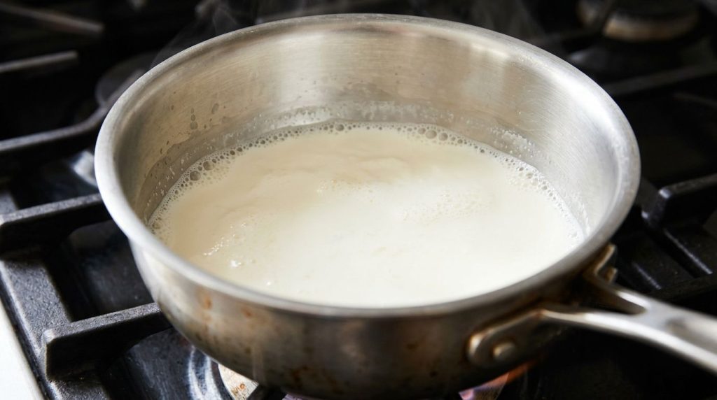 Milk and cream heating in a pot on the stove