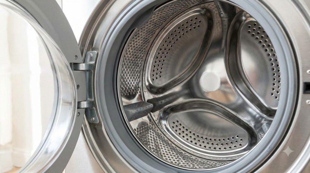 Inside of a sparkling clean washing machine drum reflecting light There are no visible stains or grime showing the resul