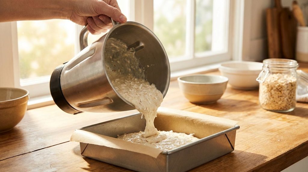 The prepared coconut oat cake batter being poured from a blender into a square baking pan lined with parchment paper