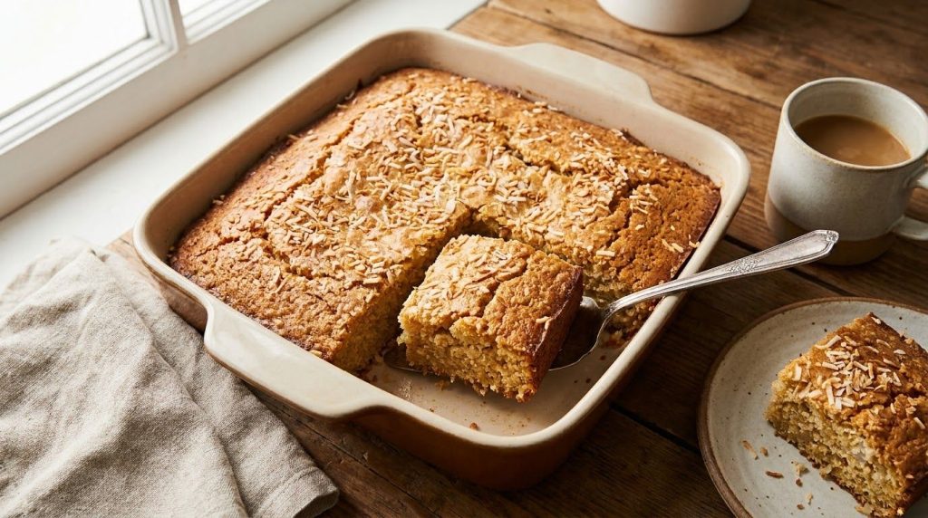A beautiful overhead shot of the baked coconut oat cake still in its baking pan with one slice slightly pulled out ready