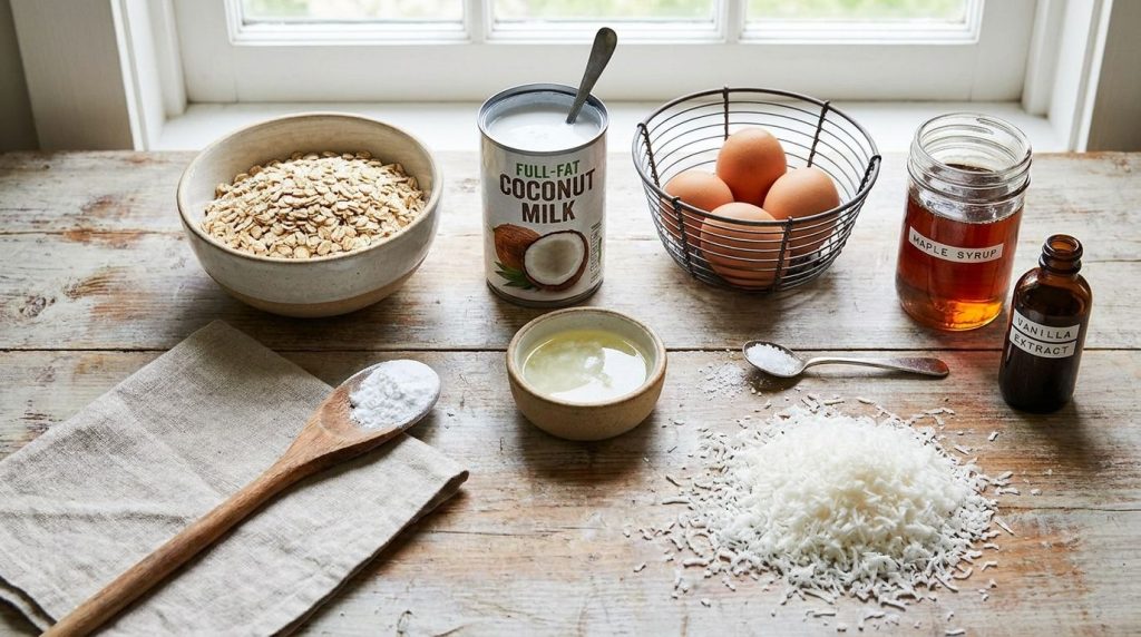 All the ingredients for coconut oat cake laid out on a kitchen counter rolled oats coconut milk can eggs maple syrup mel