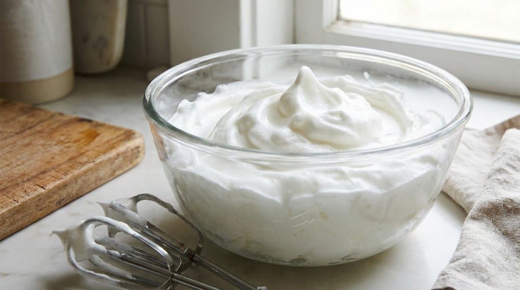 A close-up of a large mixing bowl filled with fluffy white stiff-peaked egg whites with an electric hand mixer visible