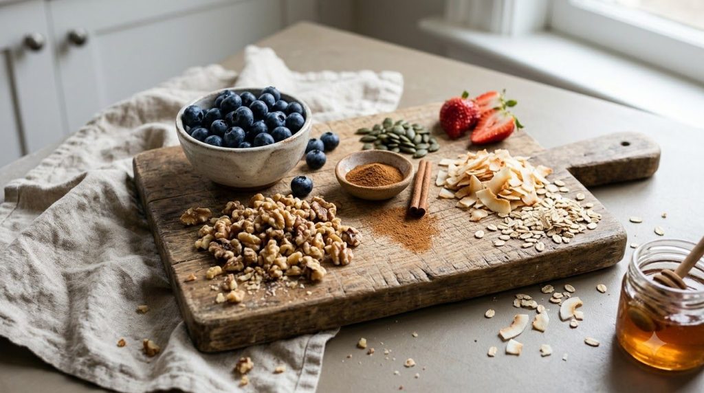 A variety of toppings for coconut oat cake displayed including fresh berries chopped nuts and a sprinkle of cinnamon on