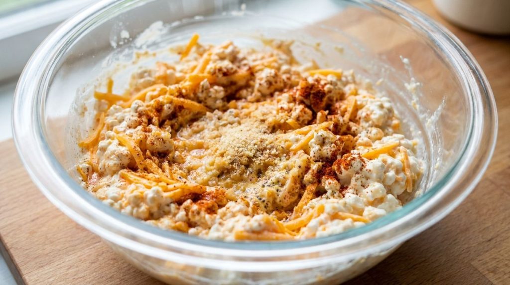 Cottage cheese mixed with shredded cheddar and seasonings in a mixing bowl ready to be spread