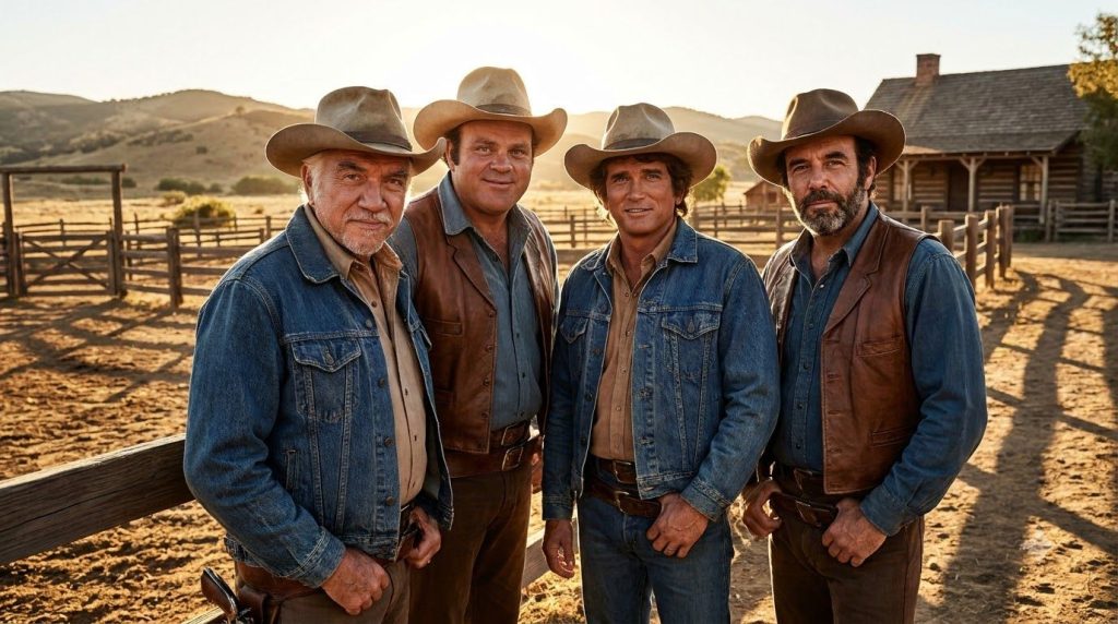An iconic group shot of the Bonanza cast Lorne Greene Dan Blocker Michael Landon and Pernell Roberts standing together o