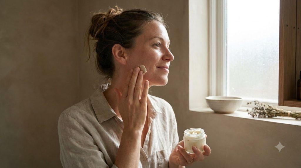 A woman gently applying a small amount of the homemade cream to her face and neck with upward strokes