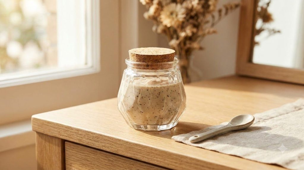 A small elegant jar of the finished homemade collagen cream showing its slightly textured consistency on a vanity table 