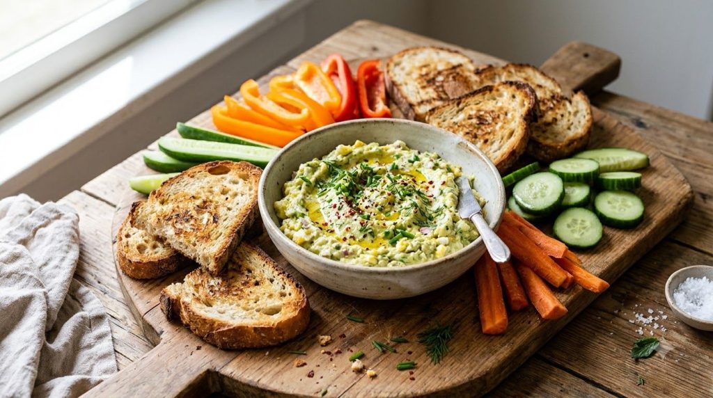 A finished bowl of creamy avocado egg spread ready to be served with toast and fresh vegetables arranged around it