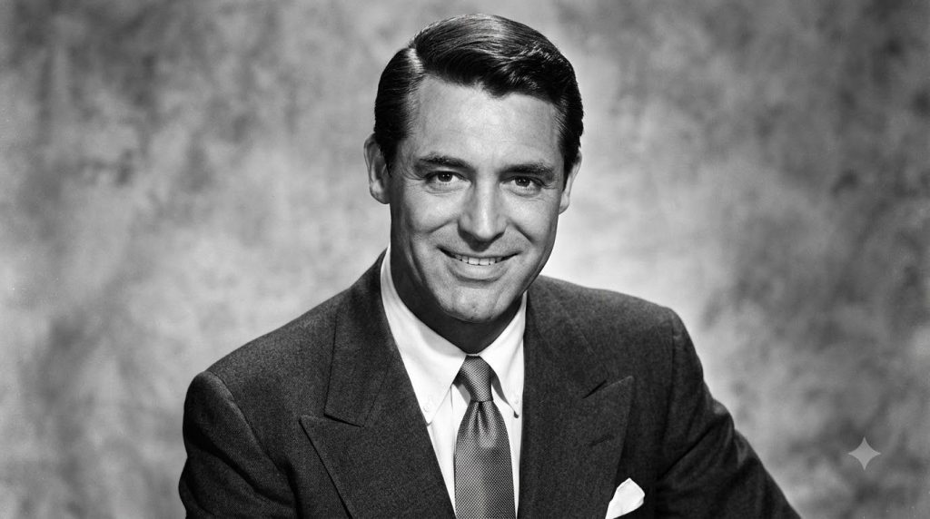 A portrait of Cary Grant smiling wearing a suit and tie exuding charm and sophistication
