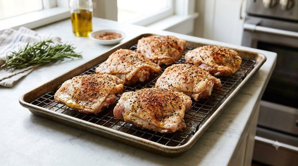 Chicken thighs neatly arranged on a baking sheet skin-side up ready to go into the oven
