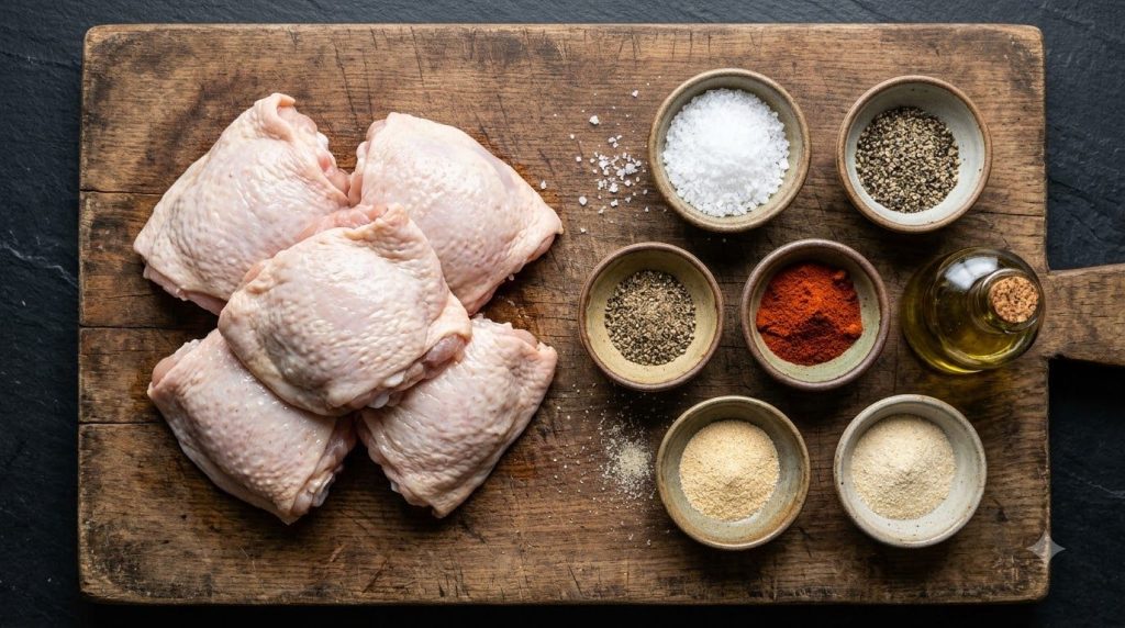 A flat lay of all the dry spices olive oil and raw chicken thighs on a wooden cutting board ready for seasoning