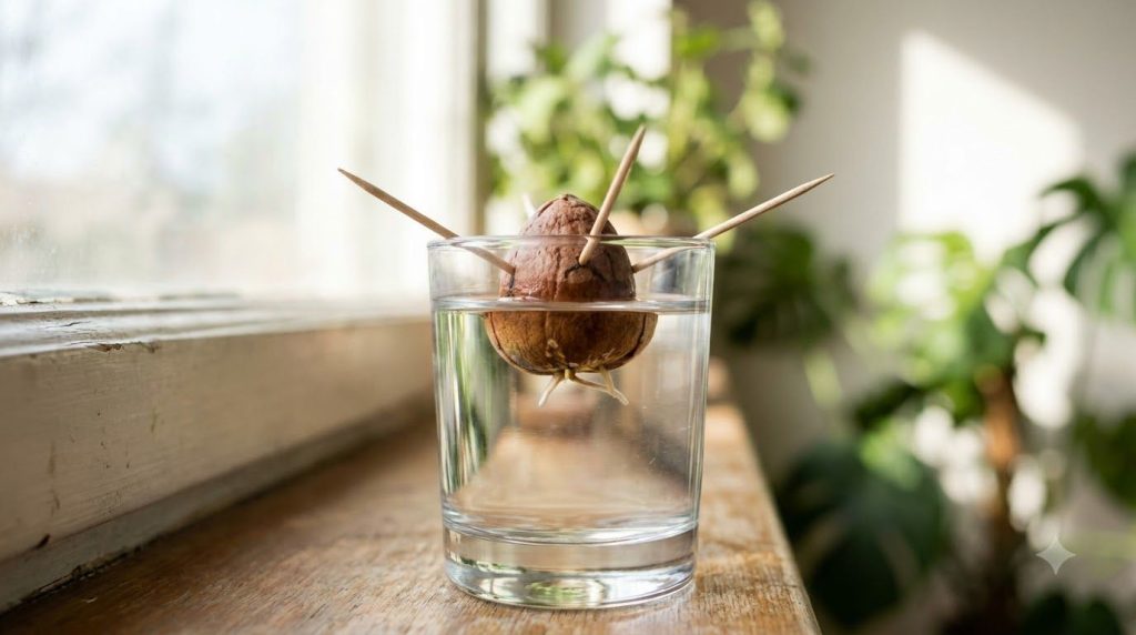 A close-up of an avocado pit suspended by toothpicks over a glass of water with the bottom portion of the pit submerged 