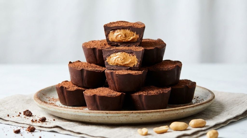 A perfectly stacked pyramid of finished homemade chocolate peanut butter cups unwrapped and ready to eat highlighting th