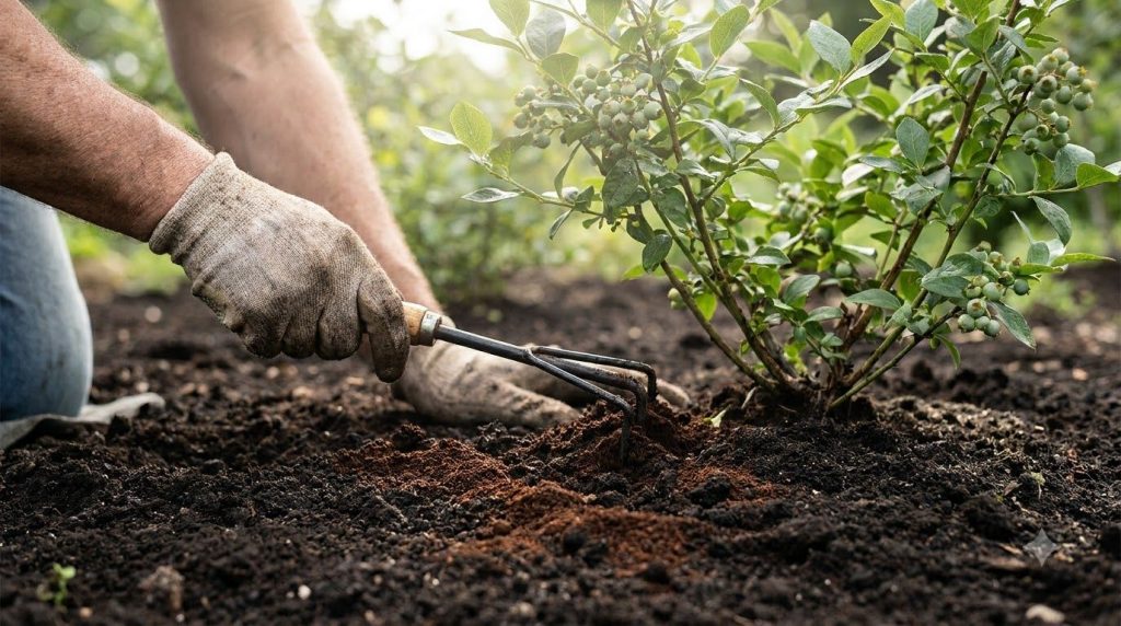 A gardener gently raking coffee grounds into the topsoil around an acid-loving plant demonstrating proper application wi