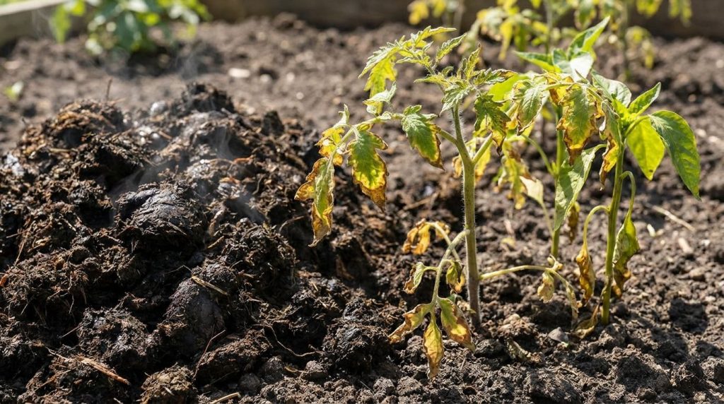 A pile of fresh steaming animal manure next to scorched wilting young seedlings in a garden bed illustrating fertilizer
