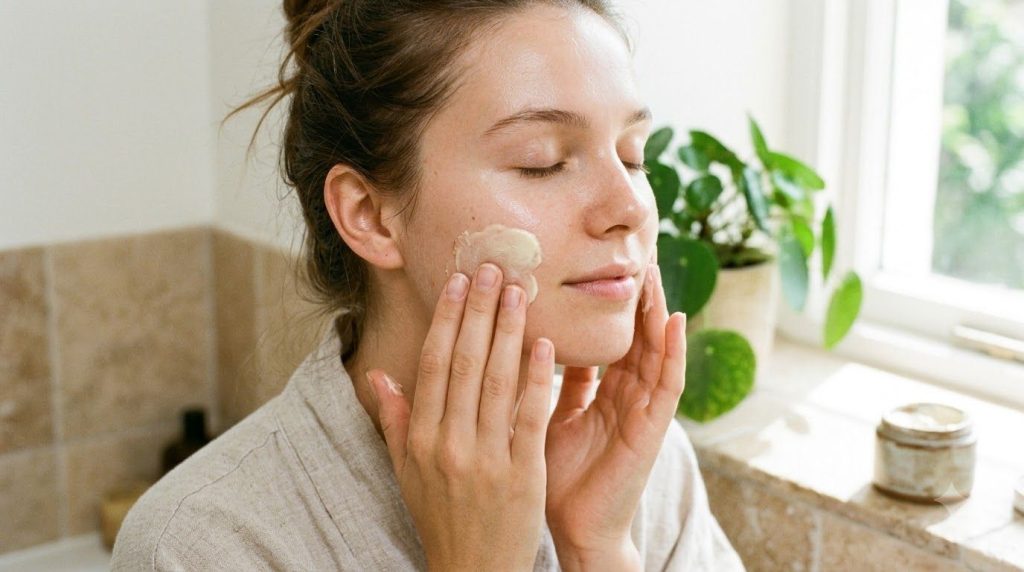 A close-up shot of hands gently applying a homemade cream to a clean youthful face highlighting smooth skin and a radian