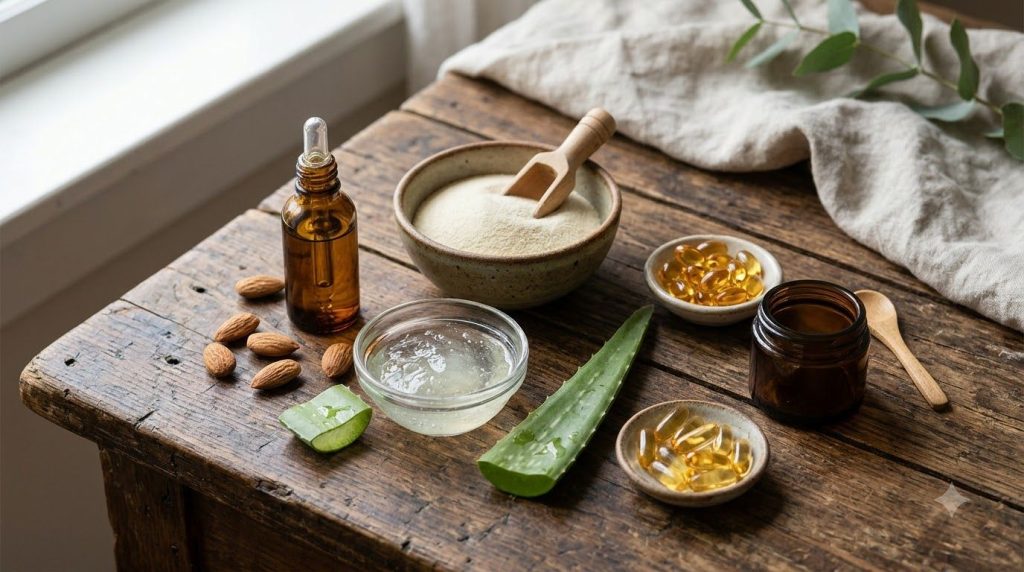 A collection of natural ingredients for a DIY collagen cream a small bowl of unflavored gelatin a bottle of aloe vera ge