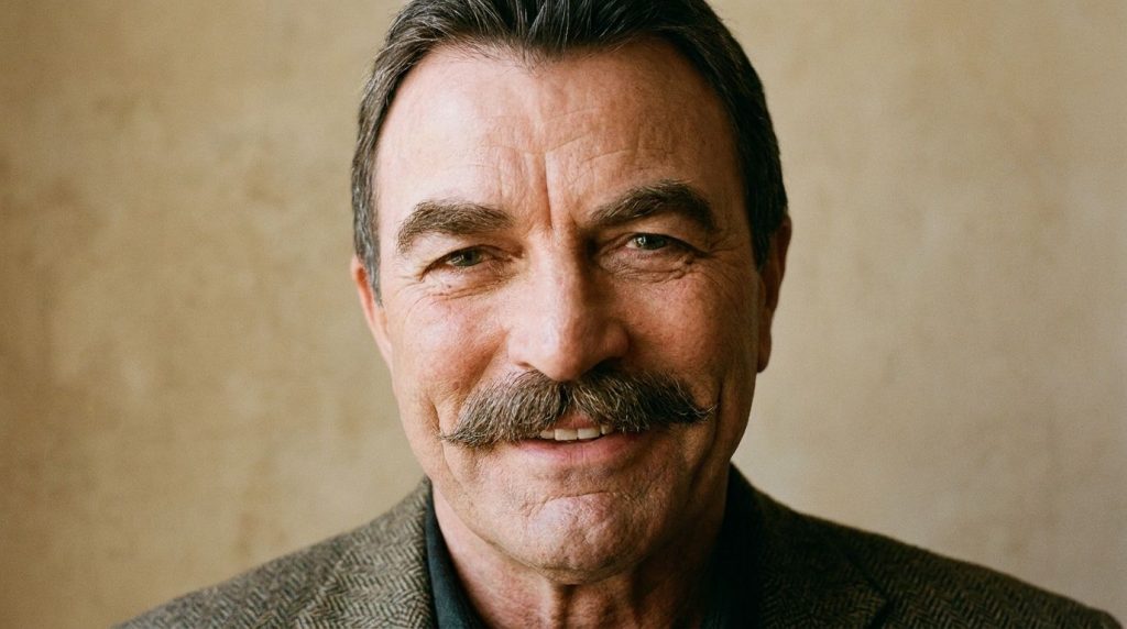 Headshot of Tom Selleck smiling featuring his iconic mustache