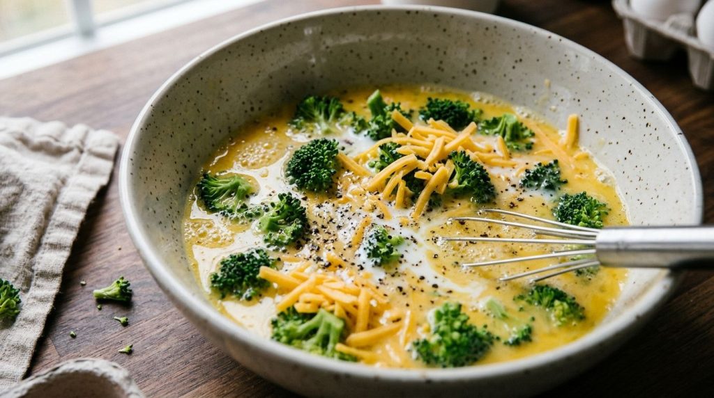 A close-up of a bowl with whisked eggs milk salt pepper and finely chopped broccoli and shredded cheese ready to be pour