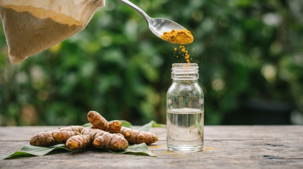A spoon pouring golden turmeric powder into a small bottle of baby oil with turmeric roots visible nearby The background
