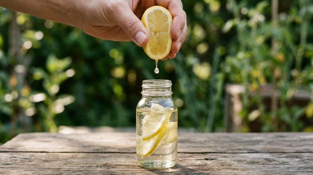A hand squeezing a fresh lemon slice with a drop falling into a small bottle of baby oil containing other lemon slices T