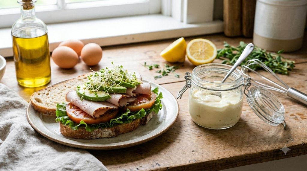A variety of sandwich fillings including sliced tomatoes lettuce deli meat and cheese with a jar of homemade protein-pac
