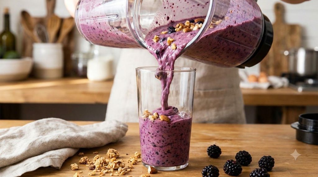 A thick purple berry and nut smoothie being poured from a blender into a tall glass