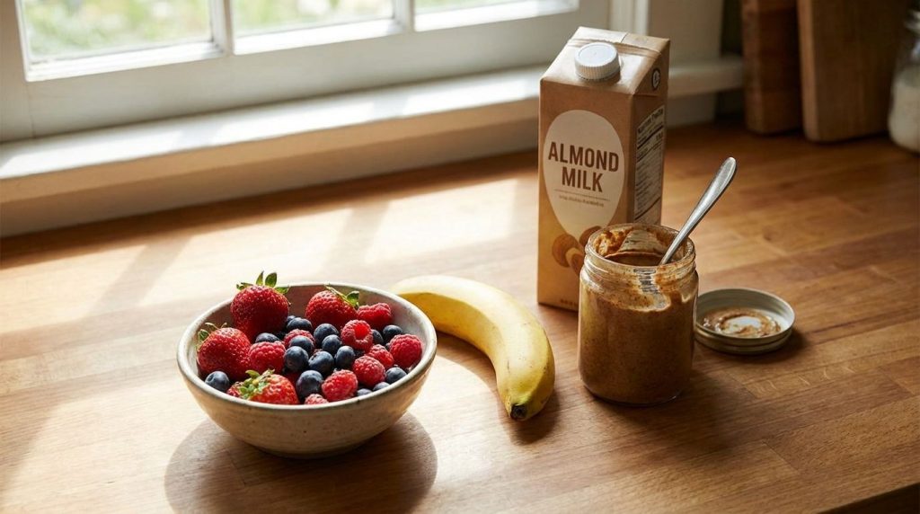 Ingredients for a healthy berry and nut smoothie laid out on a counter including mixed berries banana nut butter and pla