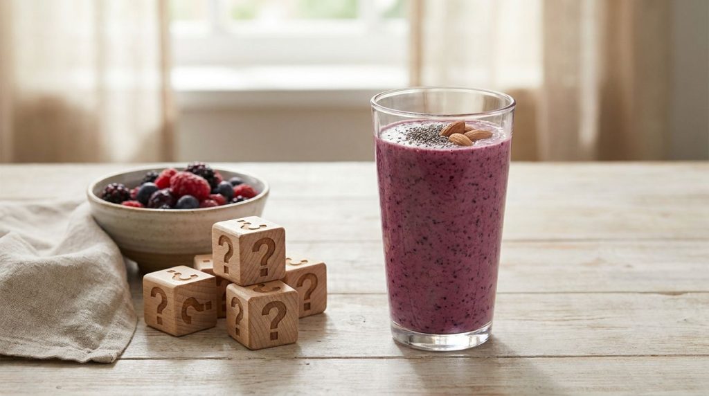 A glass of healthy berry nut smoothie next to a stack of questions representing an FAQ section