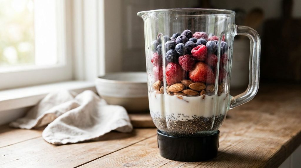 A close-up shot of a blender jar with all the ingredients layered inside ready to be blended for the berry nut smoothie
