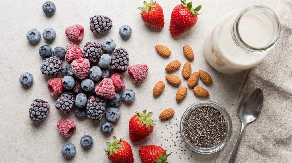 A flat lay of all the healthy berry nut smoothie ingredients frozen mixed berries almond milk almonds chia seeds and a t