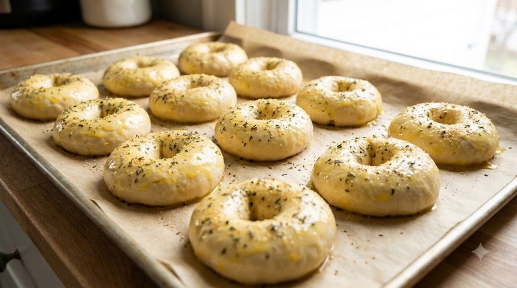 Unbaked bagels on parchment paper egg washed and topped