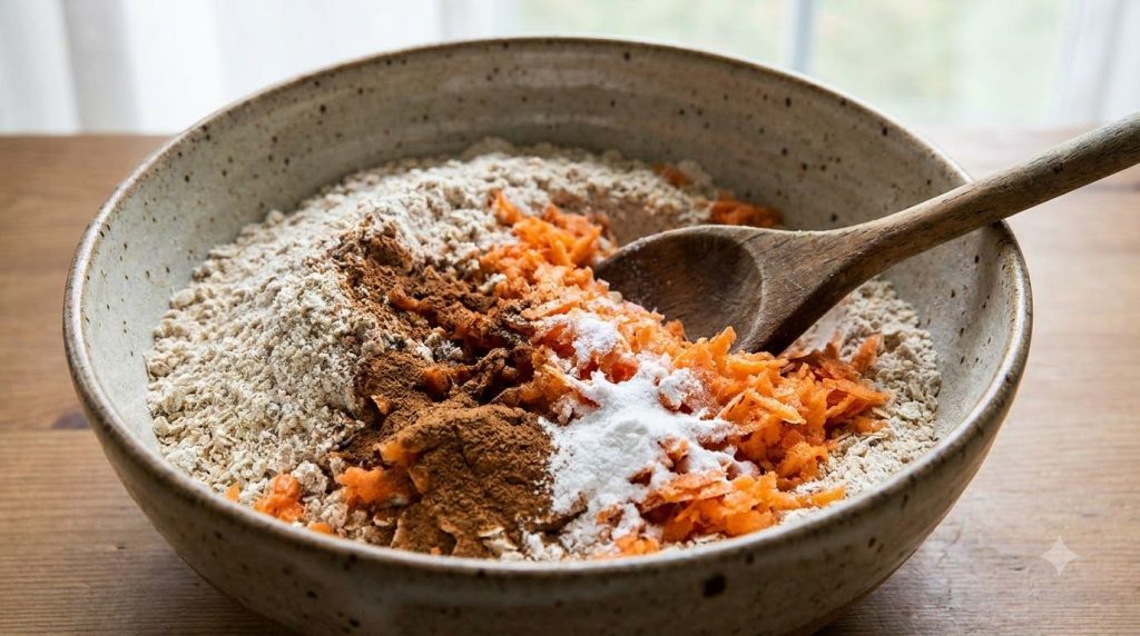 A large bowl filled with dry ingredients for oat carrot cake oat flour spices baking powder baking soda and salt waiting
