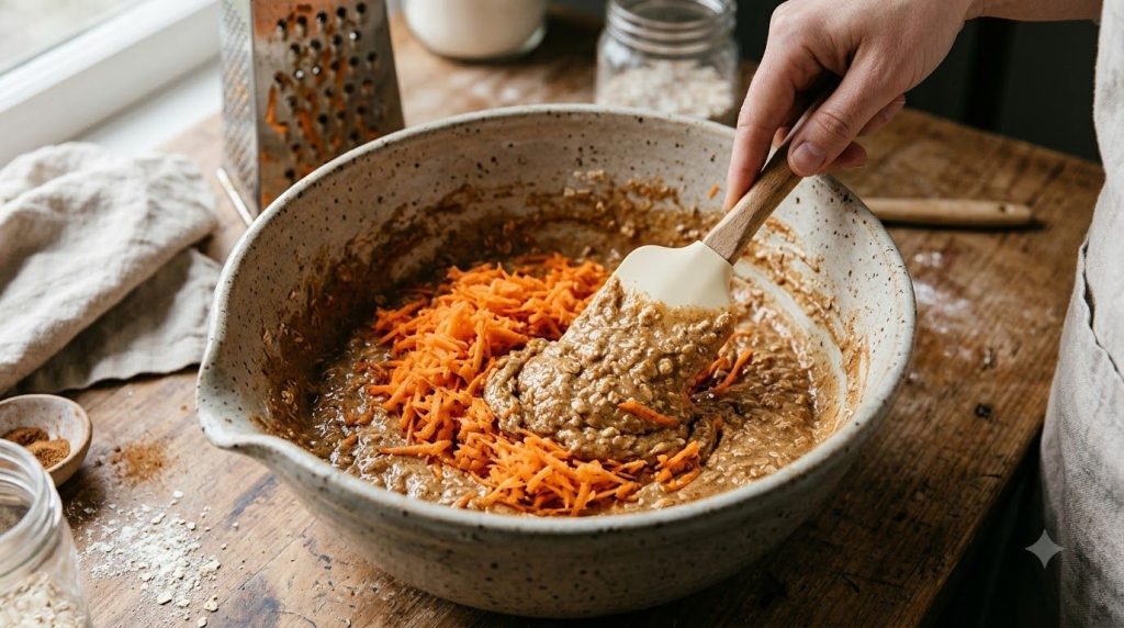 Finely grated carrots being folded into a thick spiced cake batter with a rubber spatula