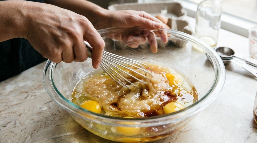A hand whisking wet ingredients eggs applesauce maple syrup oil vanilla in a glass bowl