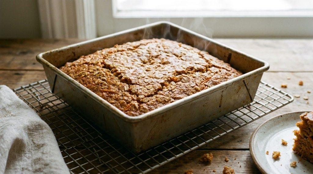 A freshly baked oat carrot cake cooling in an 8x8 inch square baking pan on a wire rack