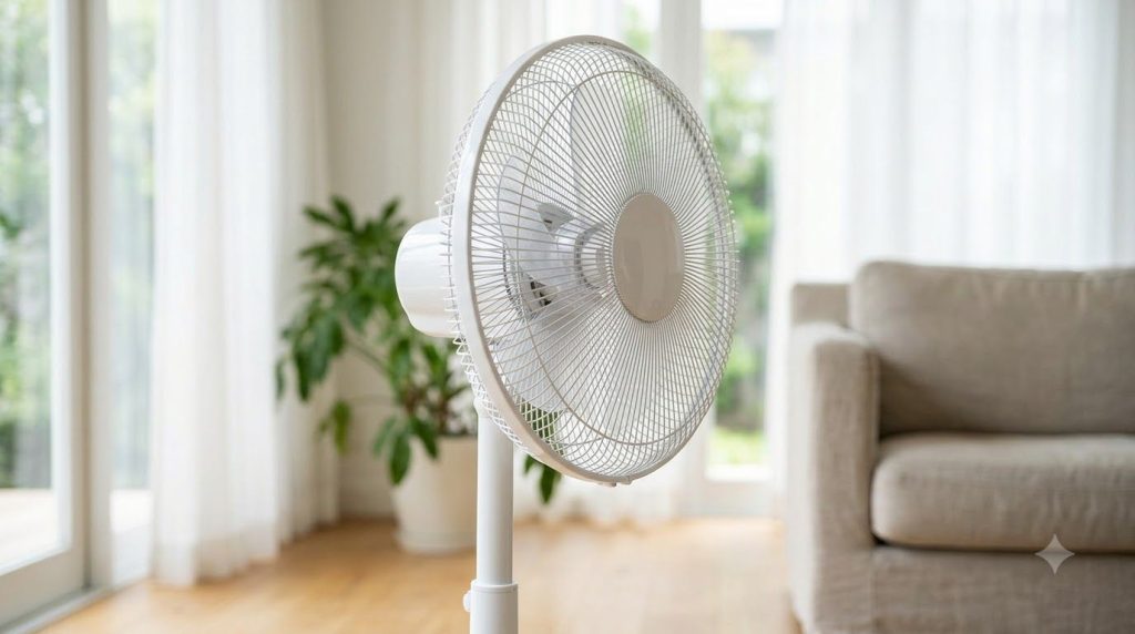 A perfectly clean electric fan sparkling and free of dust with a bright airy background highlighting the after state