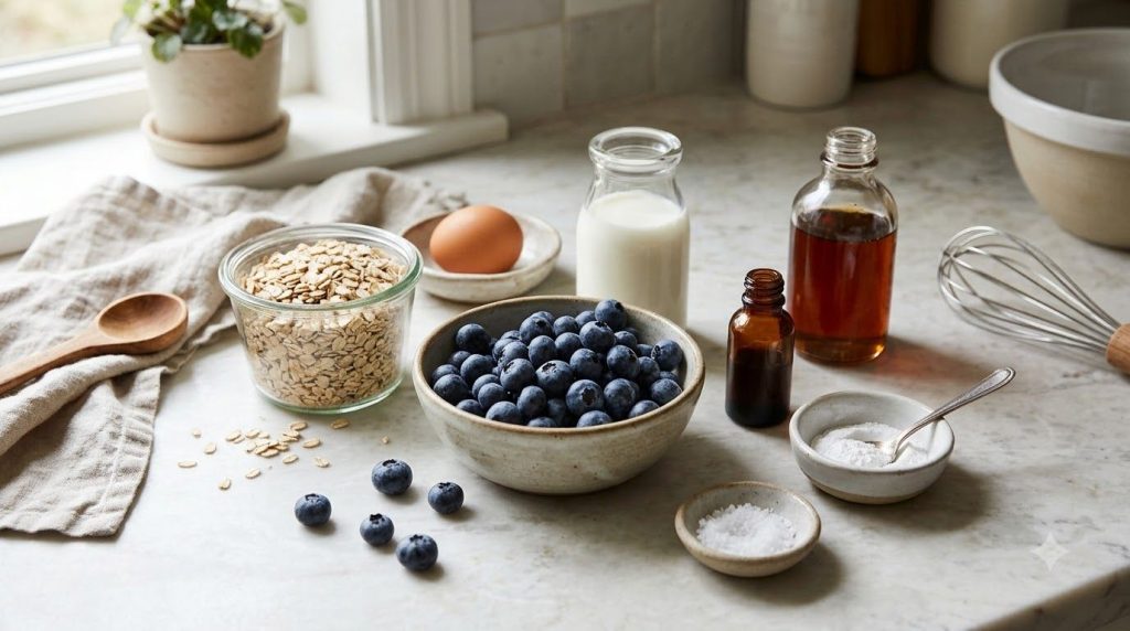 All the main ingredients for the blueberry oat cake laid out on a kitchen counter rolled oats milk an egg maple syrup va