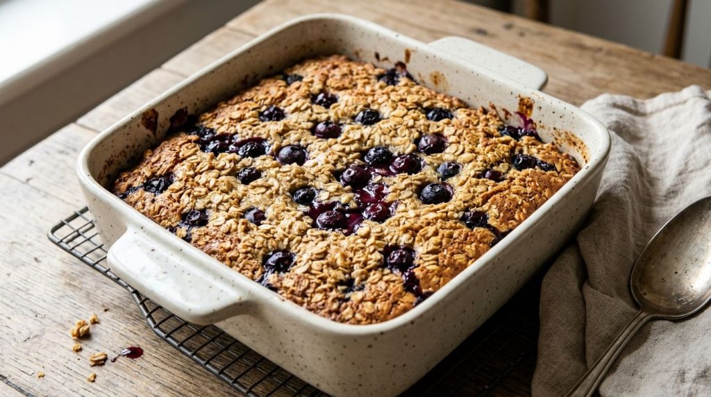 A golden-brown easy blueberry oat cake fresh out of the oven cooling in a square baking dish with a few visible baked bl