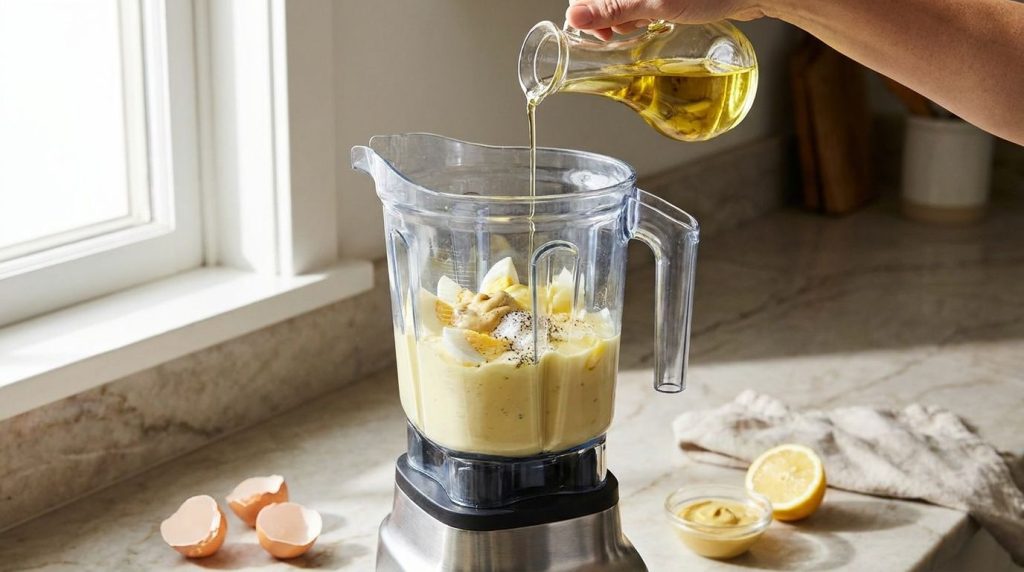 Blender with boiled eggs and other ingredients with oil being drizzled in